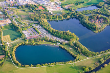 Mainaue near Oberau with Baltic Sea, Central Lake, AquaRiese, spa campsite Bad Staffelstein and Oberau Castle in Bad Staffelstein in the state Bavaria, Germany