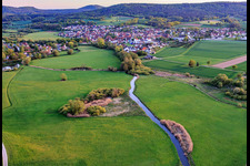 Course of the Baunach river to the southwest in Reckendorf in the state Bavaria, Germany