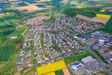 View of the town from the southeast, showing NETTO, REWE and Alde Deutschland. in Euerbach in the state Bavaria, Germany