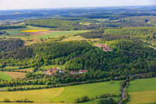 Saaleck Castle, Bavarian Music Academy Hammelburg and former Old Town Monastery Church from the north in Hammelburg in the state Bavaria, Germany