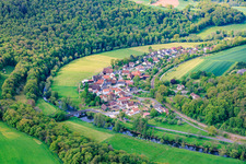 Village view in the valley of the Franconian Saale from the northeast in the district Morlesau in Hammelburg in the state Bavaria, Germany