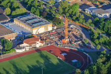 Stadium and Queichtal Hall as well as construction site at Konrad-Lerch-Ring in Offenbach an der Queich in the state Rhineland-Palatinate, Germany