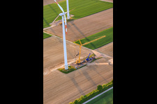 Construction site for the demolition of the 22-year-old wind turbines as part of the repowering of the wind farm Minfeld. JUWI in Minfeld in the state Rhineland-Palatinate, Germany