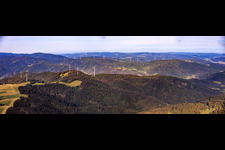 Panorama of the wind farms in the Black Forest, Falkenhöhe in the foreground in the district Unter-Reichenbach in Hornberg in the state Baden-Wuerttemberg, Germany