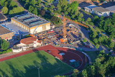 Stadium and Queichtal Hall as well as construction site at Konrad-Lerch-Ring in Offenbach an der Queich in the state Rhineland-Palatinate, Germany