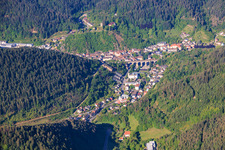 City view with Reichenbach viaduct in the Reichenbach valley from the northeast in Hornberg in the state Baden-Wuerttemberg, Germany