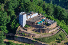 Rietburg castle ruins with scaffolded tower in Rhodt unter Rietburg in the state Rhineland-Palatinate, Germany