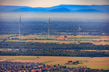 Demolition of the four old turbines (GE 1.5) from 2004 after repowering of the wind farm Minfeld from the north in Minfeld in the state Rhineland-Palatinate, Germany
