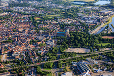 City view from the south with Klipfelsau, cathedral, Maximilianstrasse and marina in Speyer in the state Rhineland-Palatinate, Germany