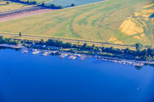 Boat landing stage of the Frankenthal Canoe and Sailing Club, HSK Ludwigshafen and Kollerskipper Sailing Club on the shore of Lake Kollersee in Otterstadt in the state Rhineland-Palatinate, Germany
