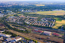 View of the town from the south, beyond the marshalling yard in the district Neuhermsheim in Mannheim in the state Baden-Wuerttemberg, Germany