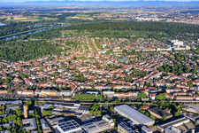 View of the district from the northeast, extending to the Rhine. in the district Neckarau in Mannheim in the state Baden-Wuerttemberg, Germany