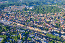 View of the district from the north, extending to the GKM power plant on the Rhine from the north in the district Neckarau in Mannheim in the state Baden-Wuerttemberg, Germany