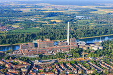 View of the district from the north, extending to the GKM power plant on the Rhine from the north in the district Neckarau in Mannheim in the state Baden-Wuerttemberg, Germany