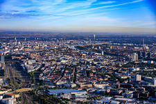 City overview from the southeast, from the yellow bridge of the Neckarau crossing over the railway tracks to BASF on the other side of the Rhine. in the district Innenstadt in Mannheim in the state Baden-Wuerttemberg, Germany