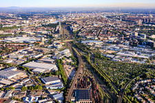 City view from the southeast, on both sides of the railway tracks up to the Rhine. in the district Lindenhof in Mannheim in the state Baden-Wuerttemberg, Germany