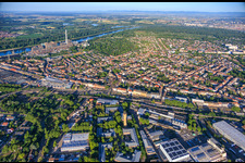 Overview of the northern district from Neckarauer Straße to the forest park on the Rhine in the district Neckarau in Mannheim in the state Baden-Wuerttemberg, Germany