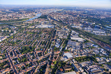 Overview of the city districts from the southeast to the Rhine riverbank at Lindenhof in the district Almenhof in Mannheim in the state Baden-Wuerttemberg, Germany
