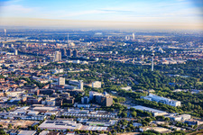 City view from the southeast with Luisenpark and telecommunications tower in the district Oststadt in Mannheim in the state Baden-Wuerttemberg, Germany