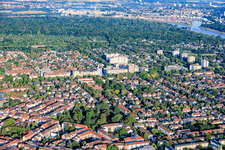 Overview of the district from the east, from August-Bebel-Park to the forest park on the Rhine riverbank in the district Neckarau in Mannheim in the state Baden-Wuerttemberg, Germany