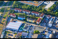 Residential developments and Pepperl+Fuchs Vertrieb Deutschland GmbH in Franz-Grashof-Straße from the west in the district Neckarau in Mannheim in the state Baden-Wuerttemberg, Germany