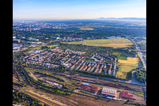 View of the town from the south between the marshalling yard and City Airport Mannheim in the district Neuhermsheim in Mannheim in the state Baden-Wuerttemberg, Germany