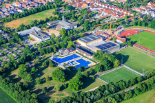 Queichtal Hall. Outdoor swimming pool and Queichtal Stadium from the northeast. in Offenbach an der Queich in the state Rhineland-Palatinate, Germany