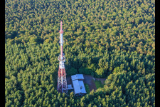 Red and white transmission tower at the Col du Pigeonnier in Wissembourg in the state Bas-Rhin, France