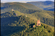 Three castles: Trifels, Anebos, Jungturm Münz and renovated tower Scharfenberg in the district Bindersbach in Annweiler am Trifels in the state Rhineland-Palatinate, Germany