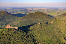 Three castles: Trifels, Anebos, Jungturm Münz and renovated tower Scharfenberg in the district Bindersbach in Annweiler am Trifels in the state Rhineland-Palatinate, Germany