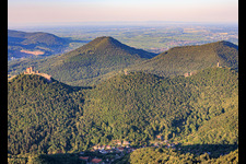 Three castles from the southwest: Trifels, Anebos, Jungturm Münz and renovated tower Scharfenberg in the district Bindersbach in Annweiler am Trifels in the state Rhineland-Palatinate, Germany