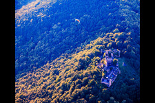 Madenburg castle ruins with paraglider from the southeast in Eschbach in the state Rhineland-Palatinate, Germany