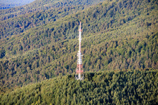 Red and white transmission tower at the Col du Pigeonnier in Wissembourg in the state Bas-Rhin, France
