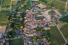 Village view from the west in the evening with new housing development at the Lindenhof winery in the district Klingen in Heuchelheim-Klingen in the state Rhineland-Palatinate, Germany
