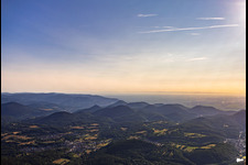 Palatinate Forest to the Rhine Plain in the morning from the southwest in Völkersweiler in the state Rhineland-Palatinate, Germany
