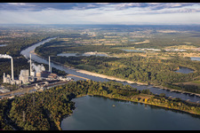 Low water on the Rhine between the Rhine port steam power plant Karlsruhe and Knielinger See in the district Knielingen in Karlsruhe in the state Baden-Wuerttemberg, Germany