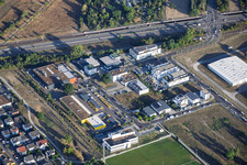 Johann-Georg-Schlosser-Straße industrial park featuring the Deutsche Post delivery base and EBI® Computerlösungen (Michael Ebinger) in the district Neureut in Karlsruhe in the state Baden-Wuerttemberg, Germany