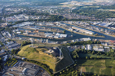 Rhine ports Karlsruhe beyond the West Landfill ("Energieberg") with two wind turbines in the district Knielingen in Karlsruhe in the state Baden-Wuerttemberg, Germany