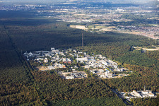 Karlsruhe Institute of Technology – North Campus and the Karlsruhe Reprocessing Plant (WAK) viewed from the northeast in Linkenheim-Hochstetten in the state Baden-Wuerttemberg, Germany