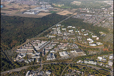 From the east in the district Oberreut in Karlsruhe in the state Baden-Wuerttemberg, Germany
