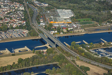 Maxau Rhine bridges (for the B10 and regional rail) at low water in the district Knielingen in Karlsruhe in the state Baden-Wuerttemberg, Germany