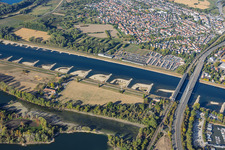 Maxau Rhine bridges (for the B10 and regional rail) at low water in the district Knielingen in Karlsruhe in the state Baden-Wuerttemberg, Germany