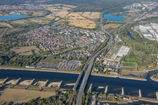 Maxau Rhine bridges (for the B10 and regional rail) at low water in the district Knielingen in Karlsruhe in the state Baden-Wuerttemberg, Germany