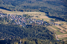 Village view and Mahlberg Tower from the south in the district Freiolsheim in Gaggenau in the state Baden-Wuerttemberg, Germany