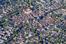 Old Town viewed from the east, between the Alb stream and the S-Bahn line in Ettlingen in the state Baden-Wuerttemberg, Germany