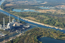 Mouth of the harbor into the Rhine at the Karlsruhe Rhine Port steam power plant (view from the east at low water) in the district Maximiliansau in Wörth am Rhein in the state Rhineland-Palatinate, Germany