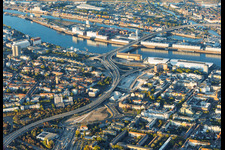 Construction site for the demolition of the Hochstraße Nord (B44) elevated road—making way for the planned Helmut-Kohl-Allee—and ramp to the closed Kurt-Schumacher-Brücke following the demolition of the "Würfelbunker" and the Rathaus-Center in the district Mitte in Ludwigshafen in the state Rhineland-Palatinate, Germany