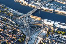 Ramp to the closed Kurt-Schumacher-Brücke (B44) following the demolition of the "Würfelbunker," the Rathaus-Center, and the ZG Raiffeisen grain silo on the riverbank in the district Mitte in Ludwigshafen in the state Rhineland-Palatinate, Germany