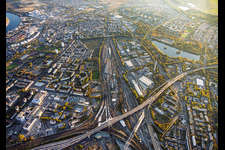 Central Station (Hauptbahnhof) Ludwigshafen beneath the pylon bridge carrying the B37 in the district Süd in Ludwigshafen in the state Rhineland-Palatinate, Germany