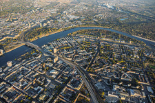 City overview from the west, showing Hochstraße Süd (B37) leading to the Konrad-Adenauer-Brücke crossing the Rhine and Parkinsel in the district Mitte in Ludwigshafen in the state Rhineland-Palatinate, Germany